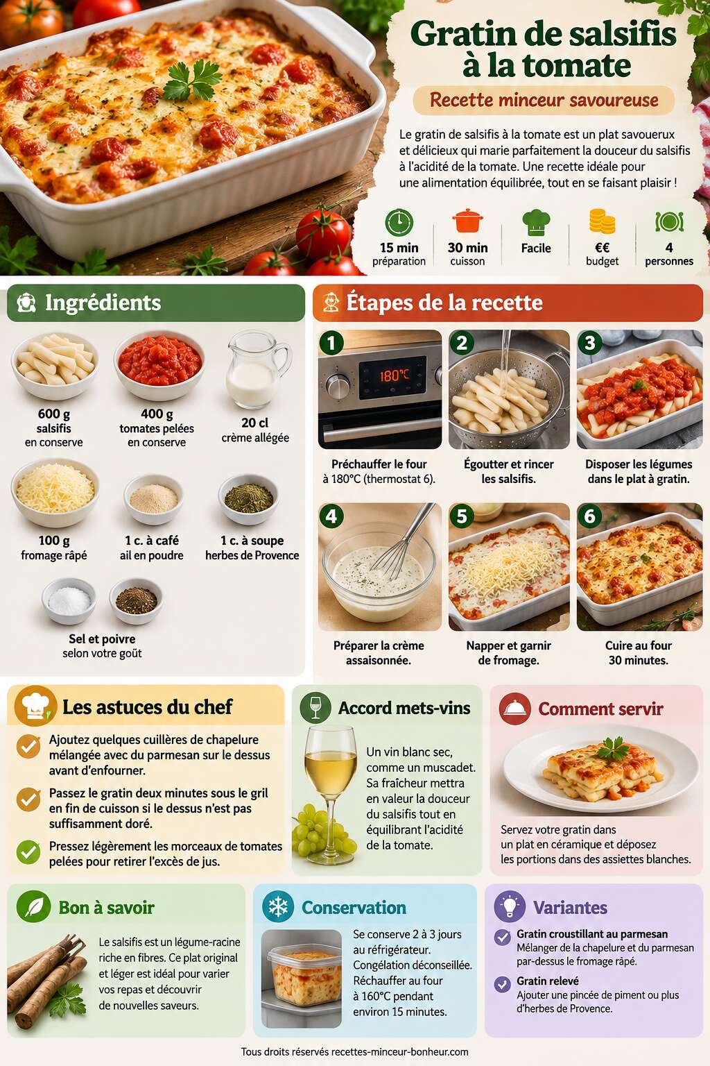 Fiche recette Gratin de salsifis à la tomate : recette minceur savoureuse Fiche recette Gratin de salsifis à la tomate : recette minceur savoureuse