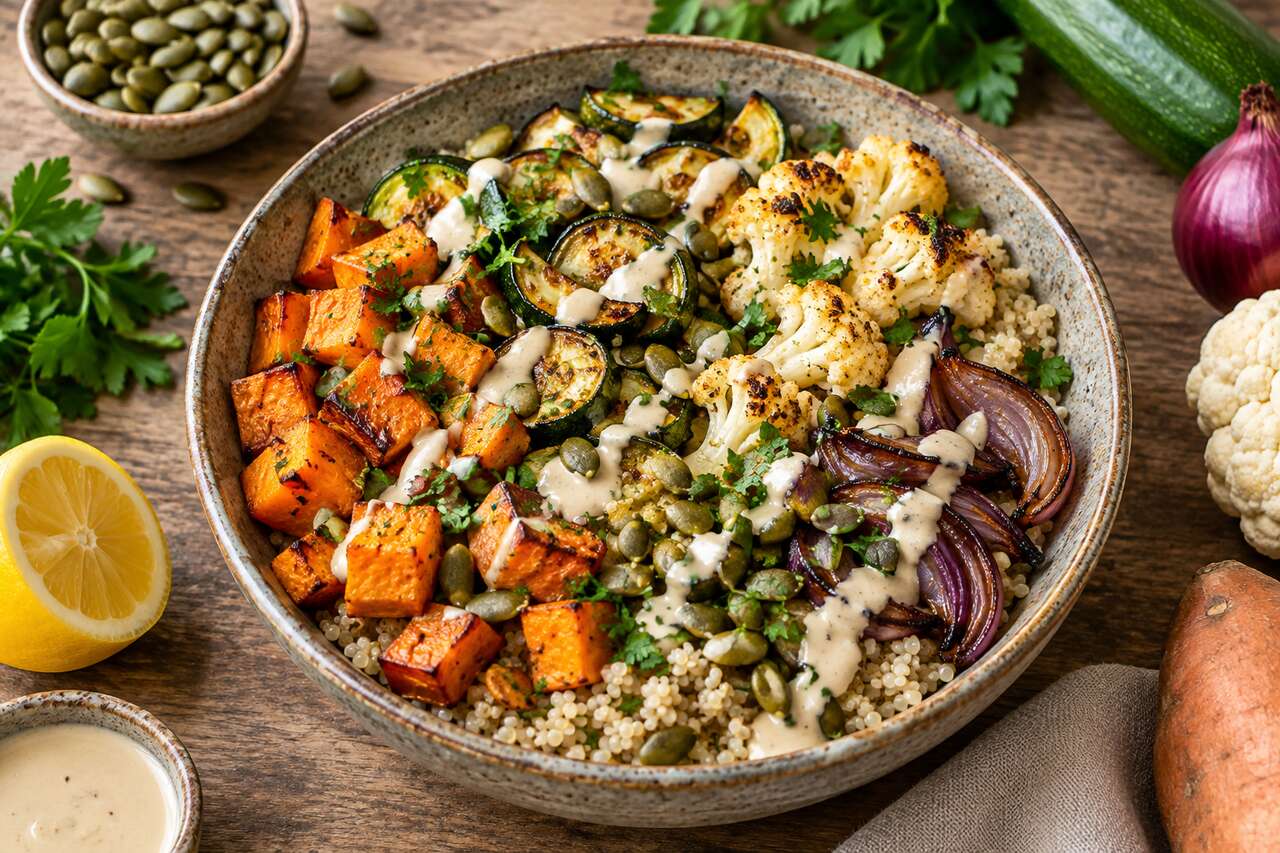 Recette de bowl de quinoa aux légumes rôtis