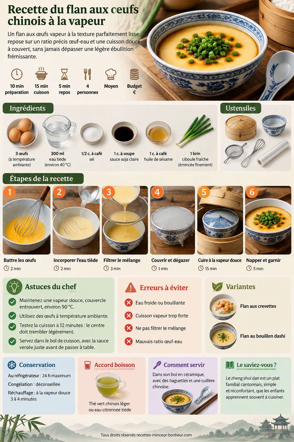 Fiche recette Recette du flan aux œufs chinois à la vapeur Fiche recette Recette du flan aux œufs chinois à la vapeur