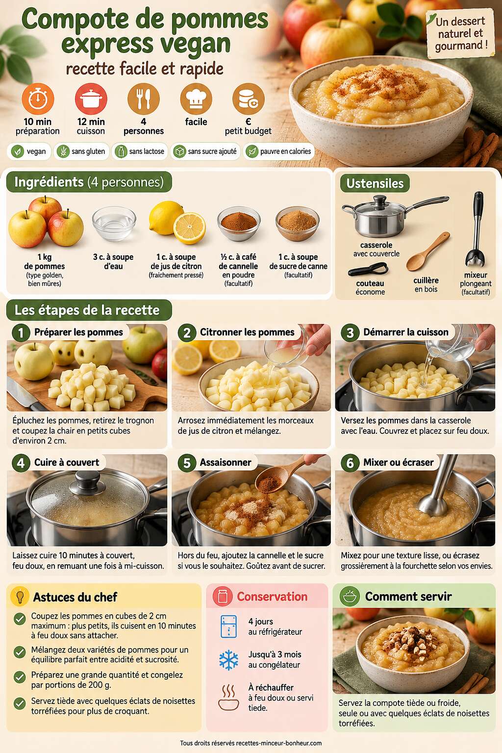 Fiche recette Compote de pommes express vegan : recette facile et rapide Fiche recette Compote de pommes express vegan : recette facile et rapide