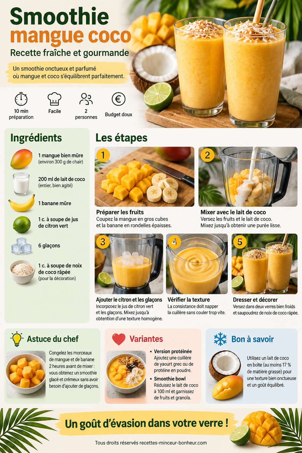 Fiche recette Smoothie mangue coco : recette fra&icirc;che et gourmande