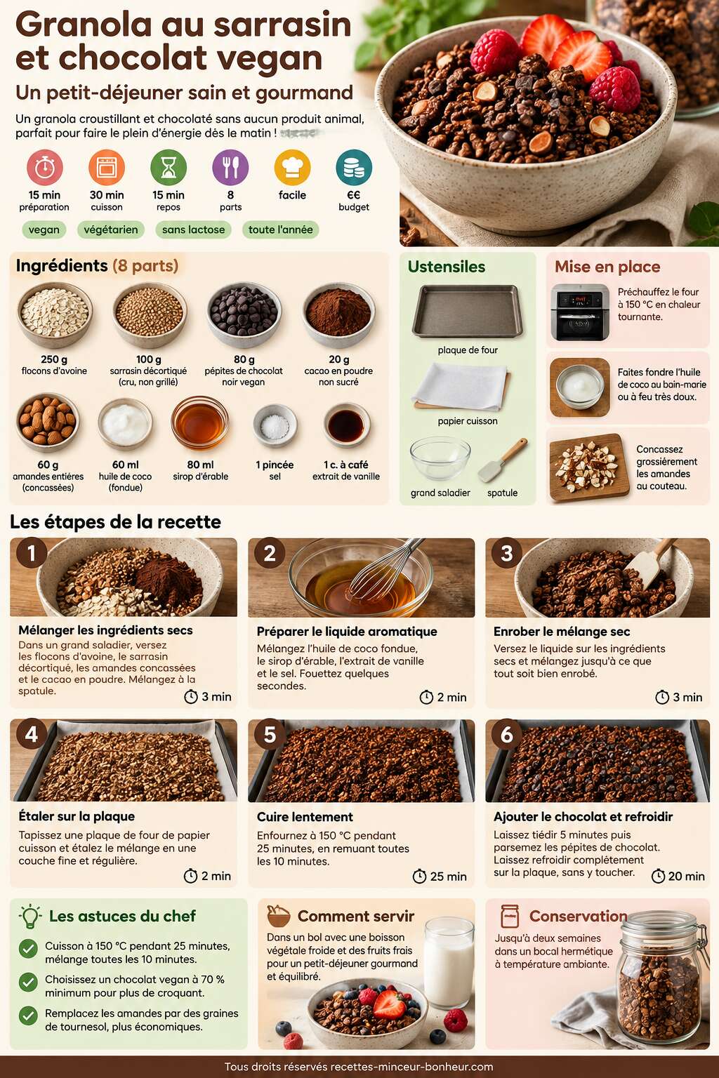 Fiche recette Recette de granola au sarrasin et chocolat vegan : un petit-d&eacute;jeuner sain et gourmand