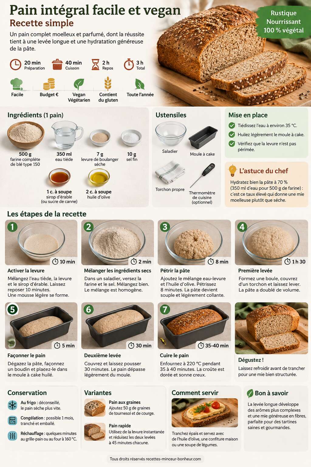 Fiche recette Pain int&eacute;gral facile et vegan : recette simple