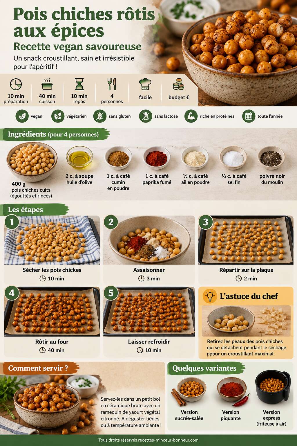 Fiche recette Pois chiches rôtis aux épices : recette vegan savoureuse Fiche recette Pois chiches rôtis aux épices : recette vegan savoureuse