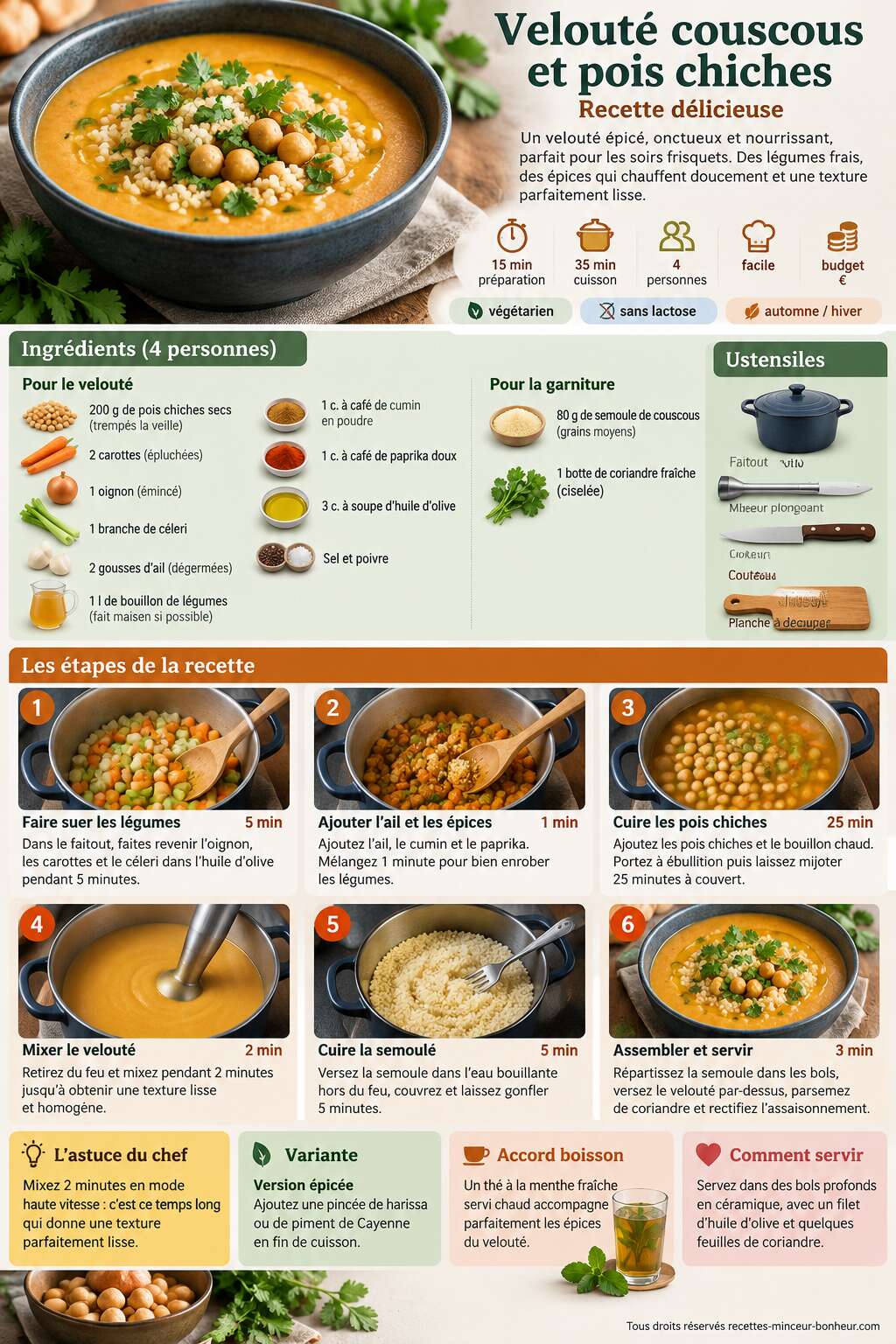 Fiche recette Velout&eacute; couscous et pois chiches : recette d&eacute;licieuse