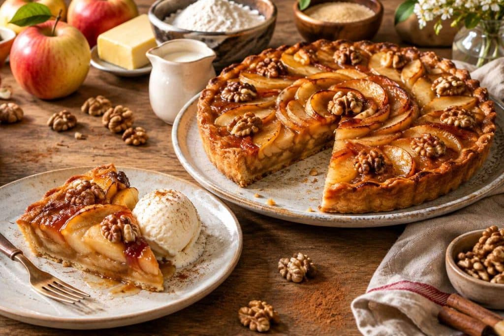 Tarte aux pommes et noix caramélisées : recette savoureuse