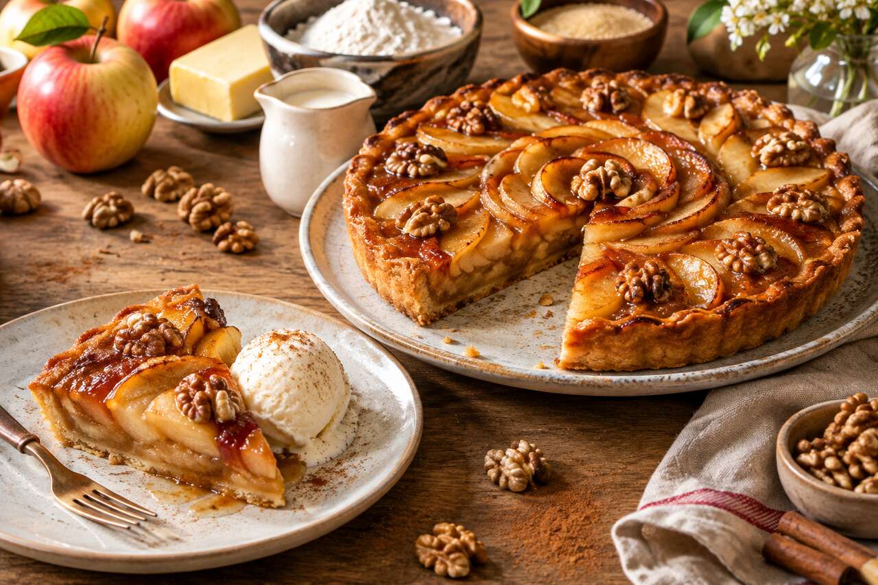 Tarte aux pommes et noix caramélisées : recette savoureuse