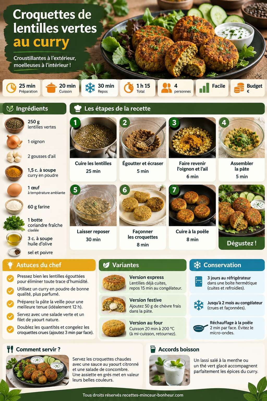 Fiche recette Recette de croquettes de lentilles vertes au curry