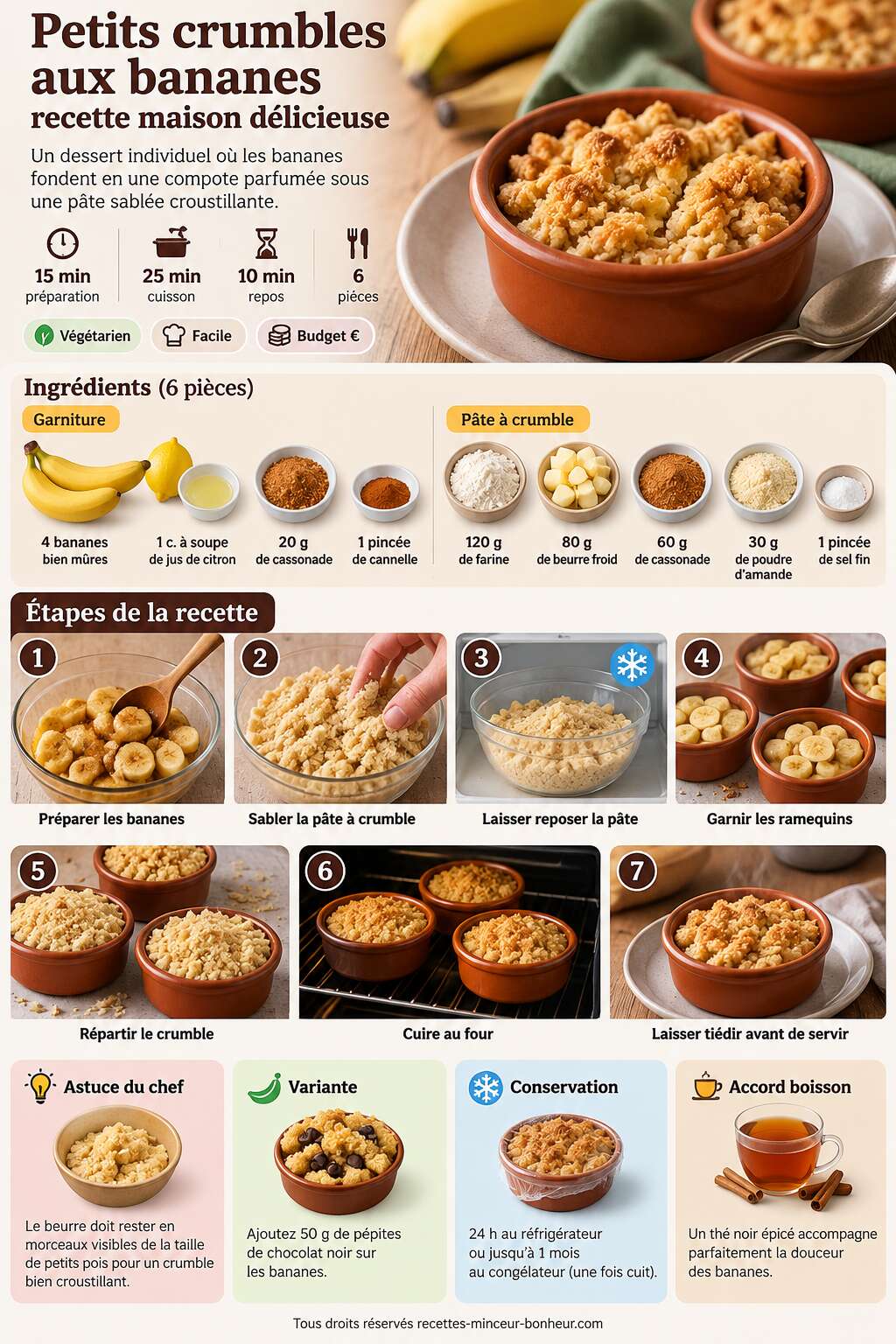 Fiche recette Petits crumbles aux bananes : recette maison délicieuse Fiche recette Petits crumbles aux bananes : recette maison délicieuse