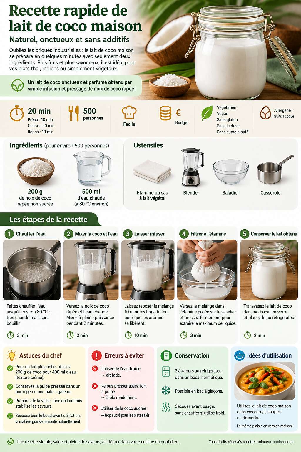 Fiche recette Recette rapide de lait de coco maison