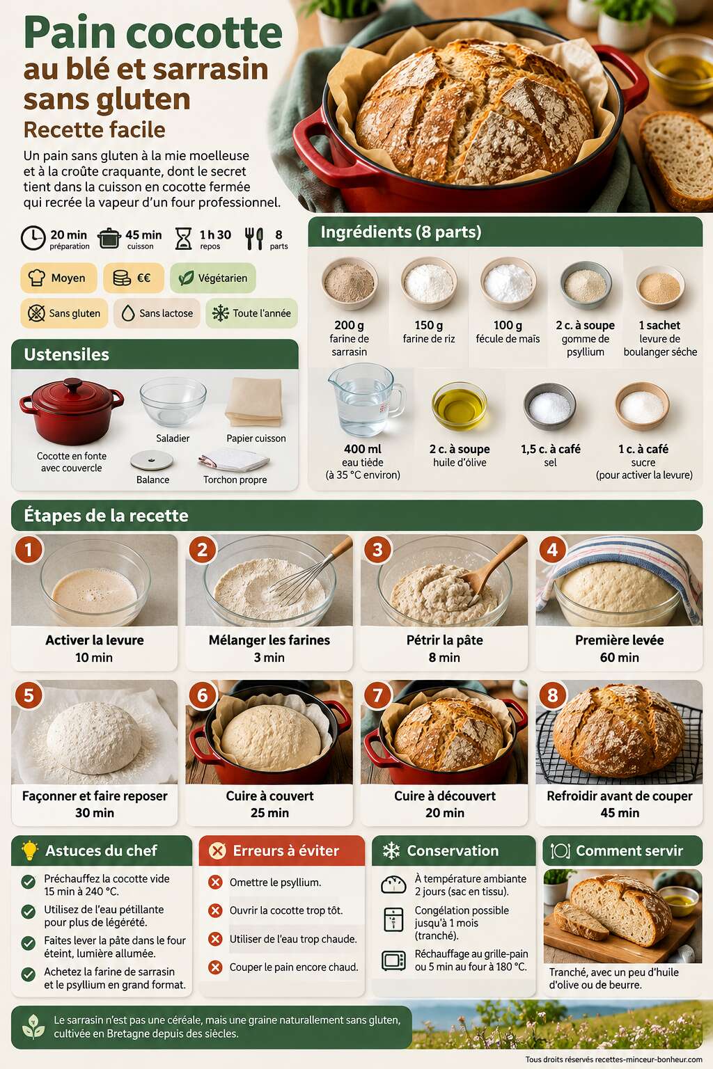 Fiche recette Pain cocotte au bl&eacute; et sarrasin sans gluten : recette facile