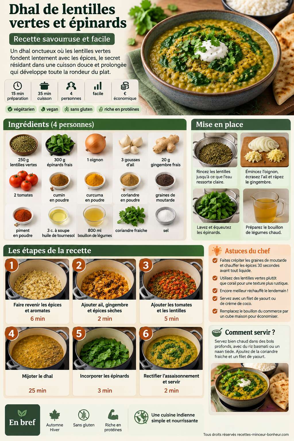 Fiche recette Dhal de lentilles vertes et épinards : recette savoureuse et facile Fiche recette Dhal de lentilles vertes et épinards : recette savoureuse et facile