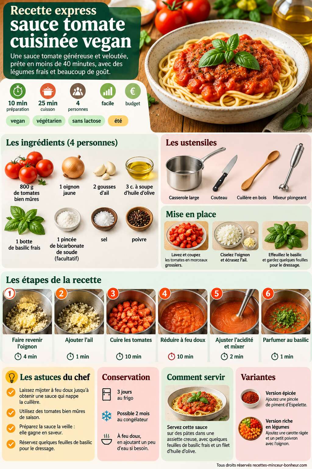 Fiche recette Recette express : sauce tomate cuisinée vegan Fiche recette Recette express : sauce tomate cuisinée vegan