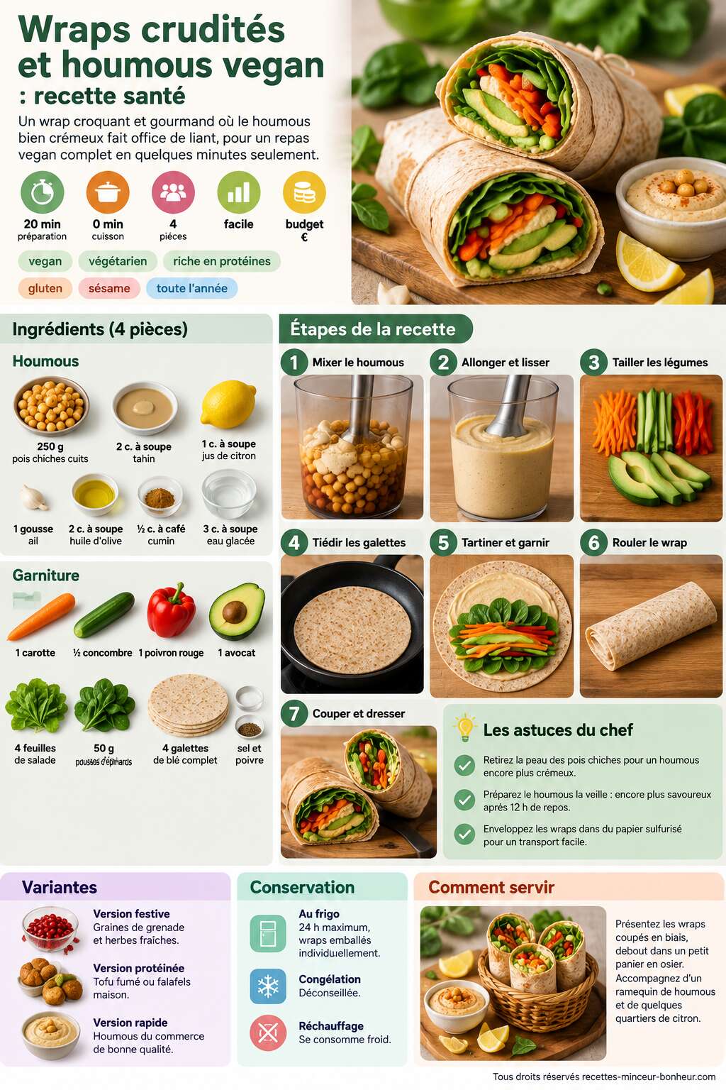 Fiche recette Wraps crudités et houmous vegan : recette santé Fiche recette Wraps crudités et houmous vegan : recette santé