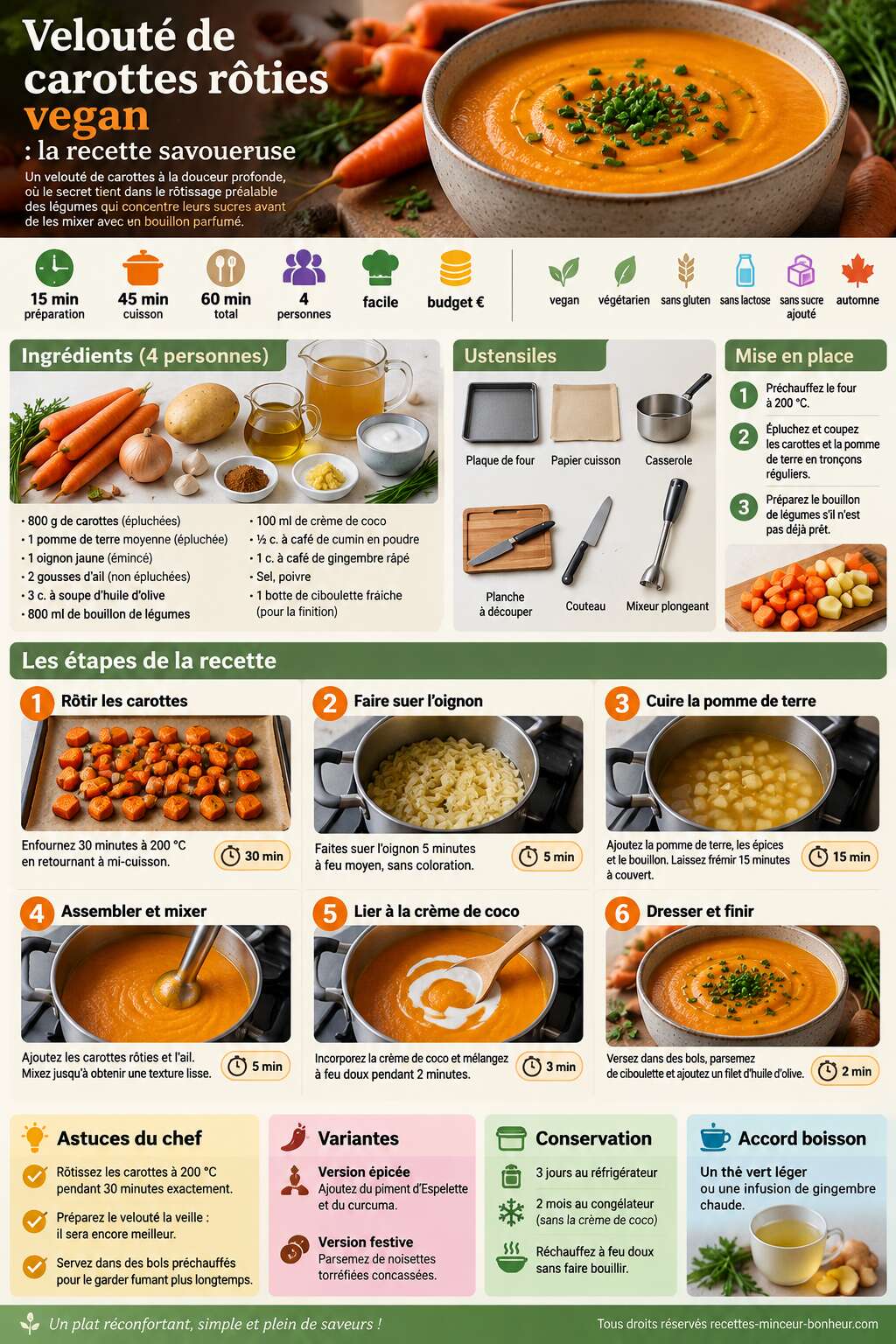Fiche recette Velout&eacute; de carottes r&ocirc;ties vegan : la recette savoureuse