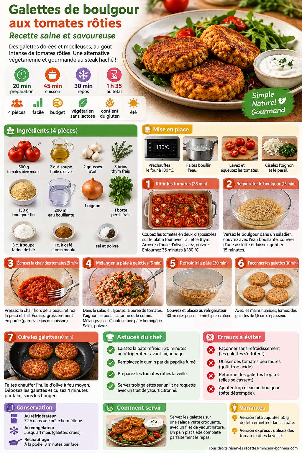 Fiche recette Galettes de boulgour aux tomates rôties : recette saine et savoureuse Fiche recette Galettes de boulgour aux tomates rôties : recette saine et savoureuse