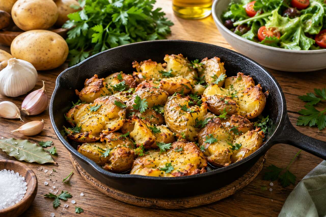 Pommes de terre tapées à l'ail vegan : recette savoureuse