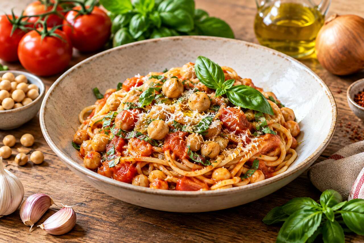 Spaghetti aux pois chiches et tomates : recette gourmande et saine