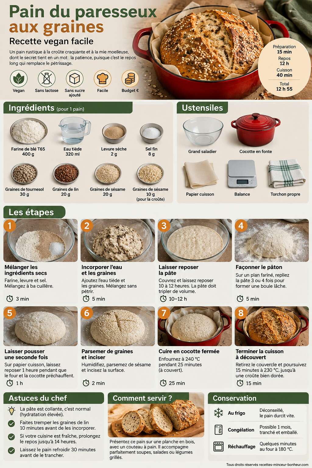 Fiche recette Pain du paresseux aux graines : recette vegan facile Fiche recette Pain du paresseux aux graines : recette vegan facile
